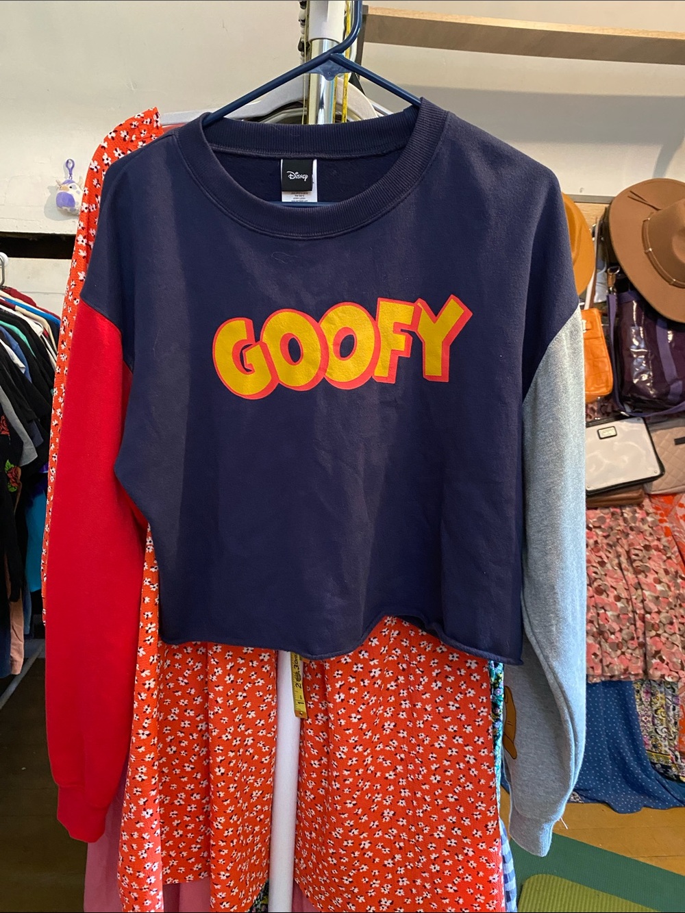 Disney Goofy Cropped Crewneck Sweatshirt in Navy, Red & Gray
